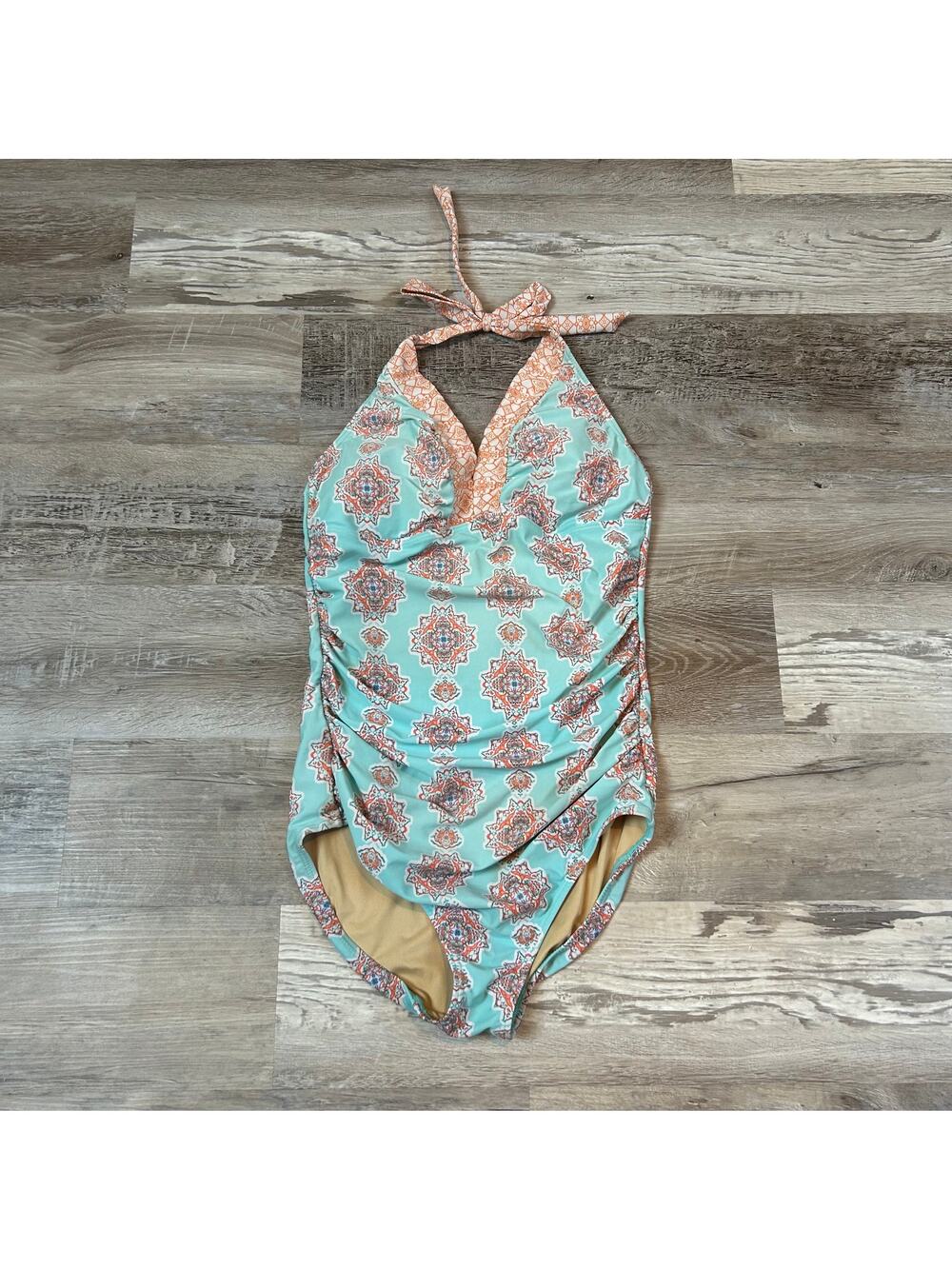 Cabana Life Halter Swimsuit Blue Orange Tile Print Ruched One Piece L